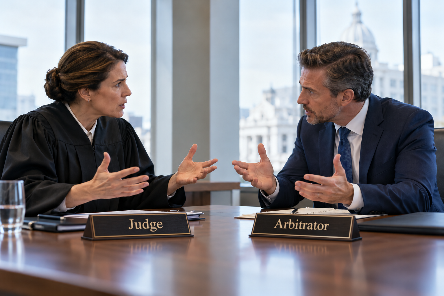 Illustrative scene of a judge and an arbitrator discussing a dispute, with labeled desk nameplates.