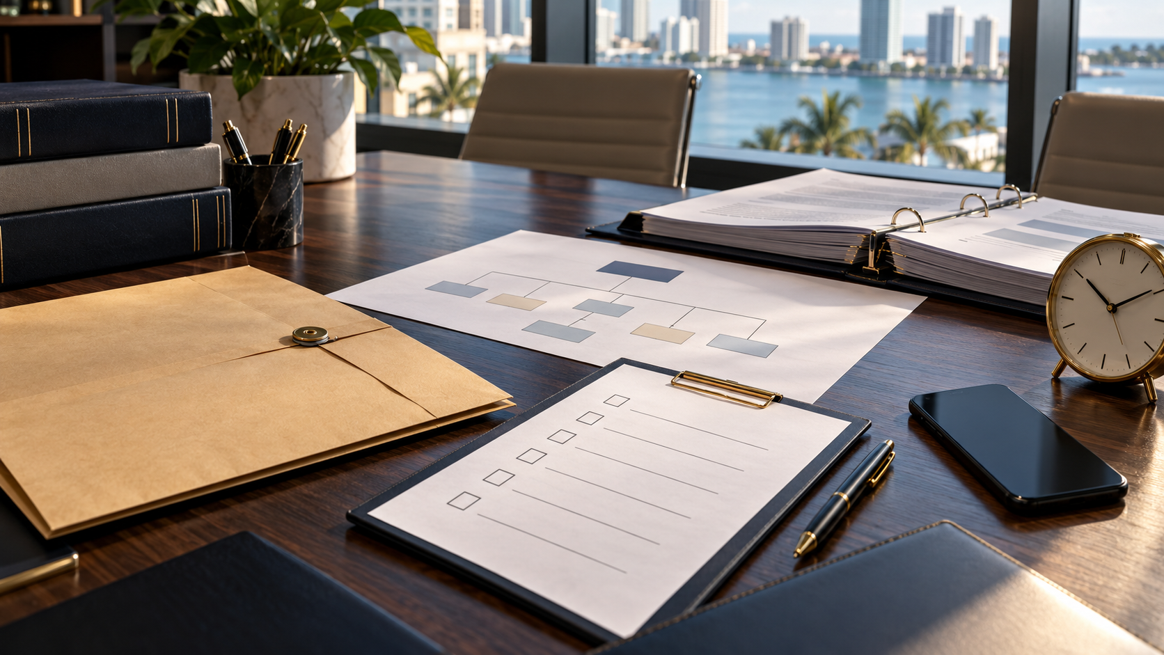 Illustrative legal response workspace with a sealed document folder, entity map, preservation checklist, insurance binder and clock.