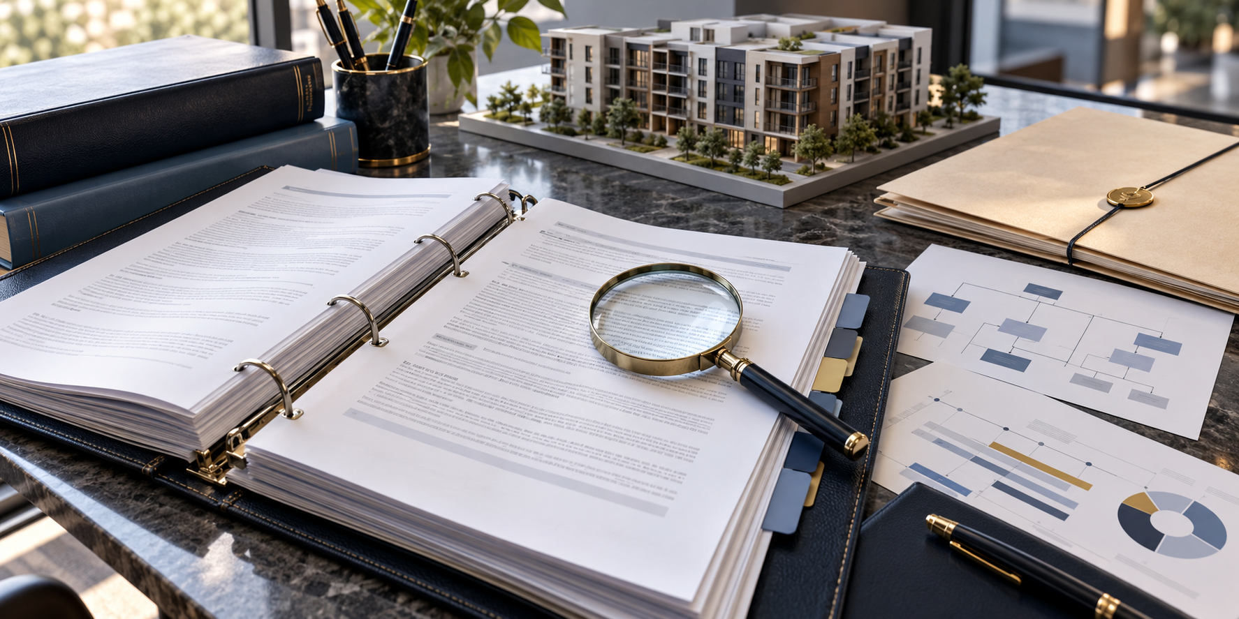 Illustrative insurance policy review with a binder, multifamily property model, entity chart and claim folder.